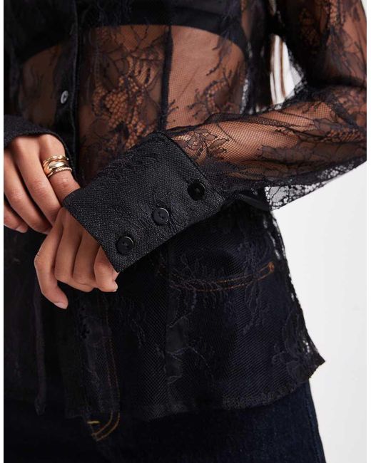 Camisa Negra Entallada De Encaje De Miss Selfridge de color Black
