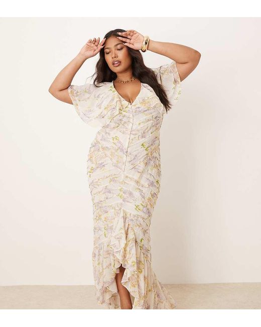 ASOS Natural Asos Design Curve Pintuck Maxi Dress With Cape Flutter Sleeve