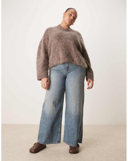 ASOS Brown Asos Design Curve Premium Mohair Wide Sleeve Jumper With V Neck