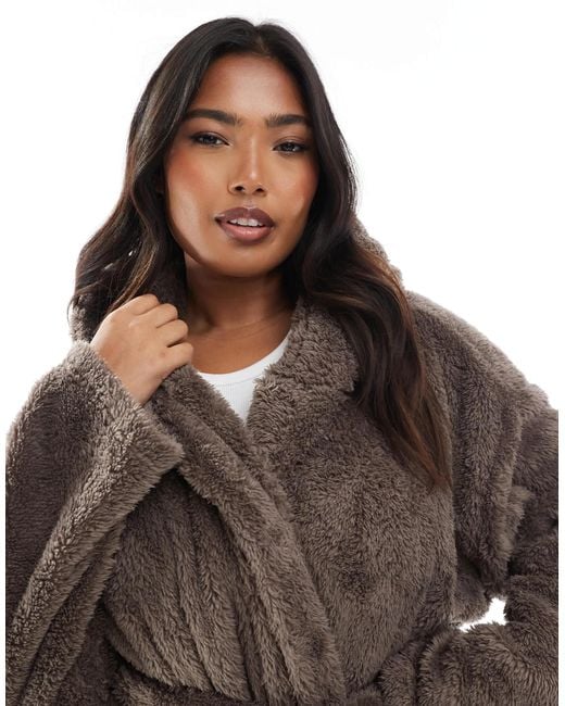 Loungeable Curve Cozy Sherpa Hooded Maxi Robe in Brown | Lyst