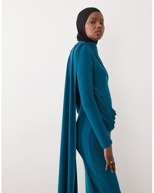 ASOS Blue Long Sleeve Slinky Draped Maxi Dress