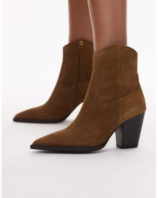 Mango Brown Suede Pointed Heeled Western Ankle Boot