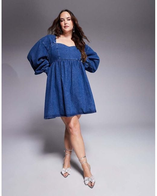 Vestido Corto De Manga Larga Y Corte Babydoll Con Lazo En La Espalda De Denim De Curve ASOS de color Blue