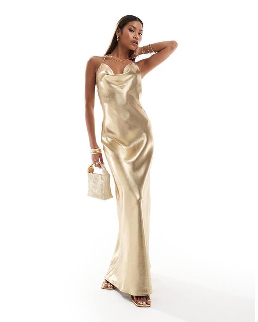 Aria Cove White Liquid Satin Cowl Neck Low Back Maxi Dress