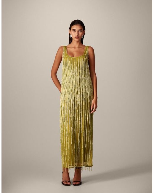 ARRANGE Multicolor Beaded Fringe Scoop Neck Midi Dress