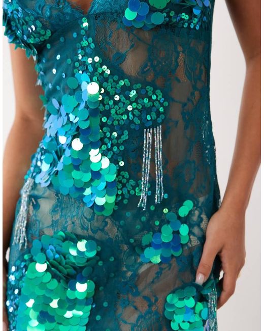 ASOS Blue Sheer Lace Cami Mini Dress With Placement Embellishment