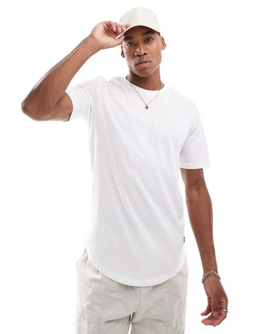 Jack & Jones White Essentials Longline T-shirt With Curve Hem for men