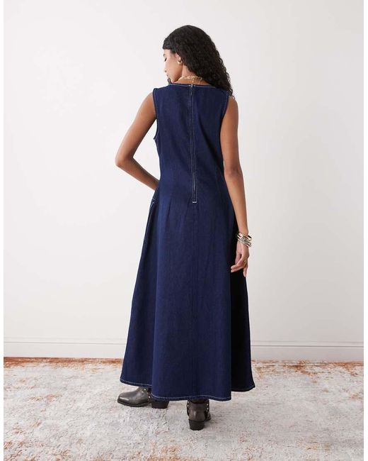 Reclaimed Vintage Blue Drop Waist Pinafore Denim Maxi Dress