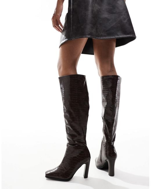 Public Desire Black Acquilla Heeled Knee Boots With Square Toe