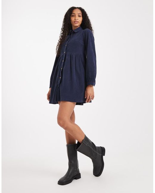 Threadbare Blue Cord Shirt Mini Dress