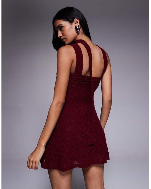 The Frolic Red Exclusive Lace Ruched Bust Detail Bandeau Flippy Hem Mini Dress With Scarf Detail