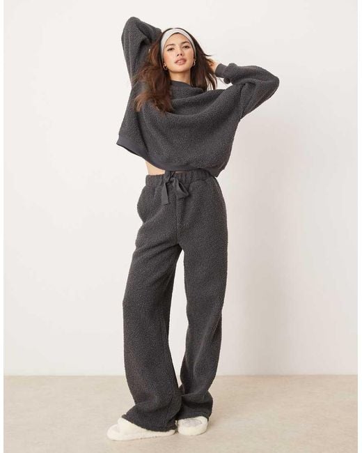 ASOS Natural Lounge Borg Sweat & Wide Leg Trouser Set