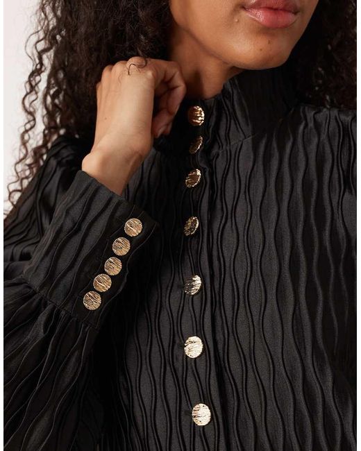Y.A.S Black High Neck Satin Mini Dress With Button Front