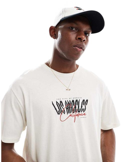 T-Shirt Oversize Color Panna Con Stampa Di Los Angeles di Jack & Jones in White da Uomo