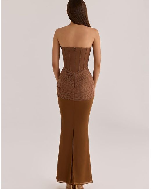 House Of Cb Brown Charlotte Bronze Shimmer Chiffon + Mesh Strapless Maxi Dress