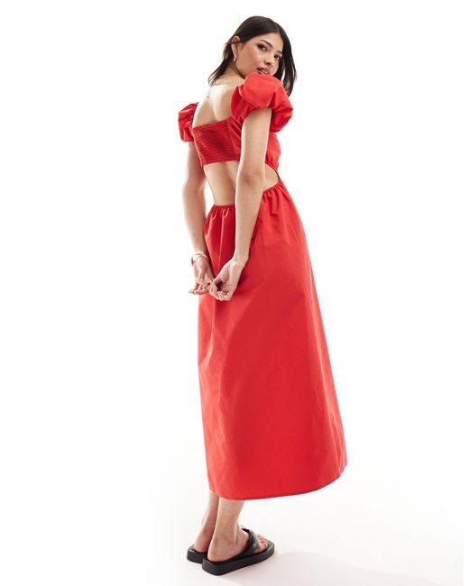 Stradivarius Red Puff Sleeve Maxi Dress