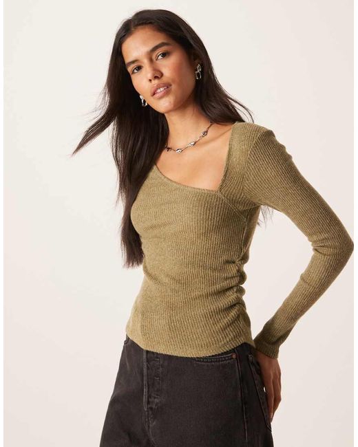 ASOS Natural Supersoft Asymmetric Neck Waist Detail Long Sleeve Top
