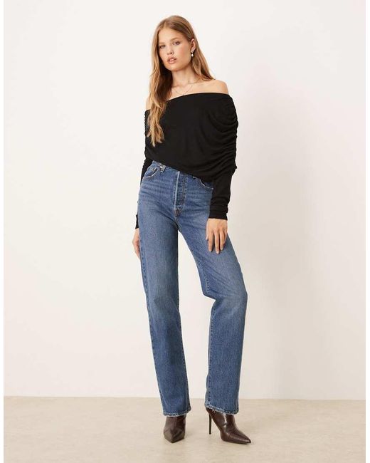 Gina Tricot Blue Long Sleeve Sloped Drapey Shoulder Cape Top