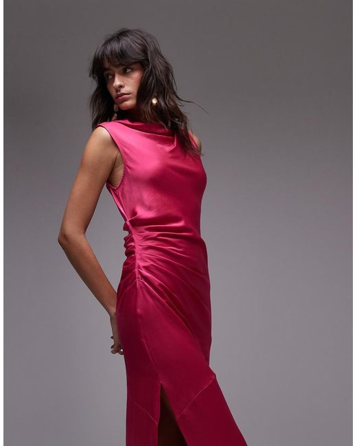 TOPSHOP Knot Shoulder Pintuck Waist Satin Midi Dress in Pink | Lyst UK