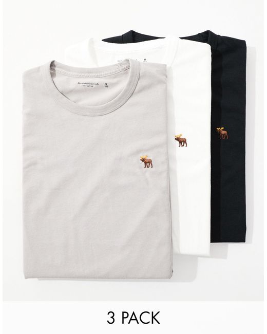 Confezione da 3 t-shirt con logo icona colore nero, grigio e bianco di Abercrombie & Fitch in White da Uomo