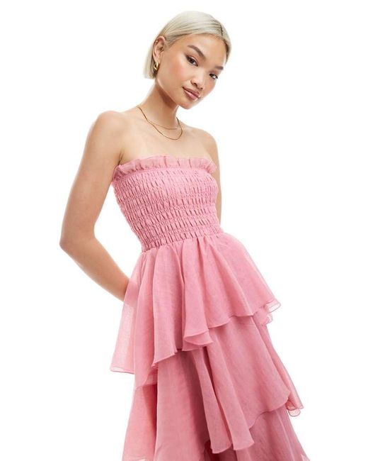 Vero Moda Pink Shirred Bodice Tiered Ruffle Hem Maxi Dress