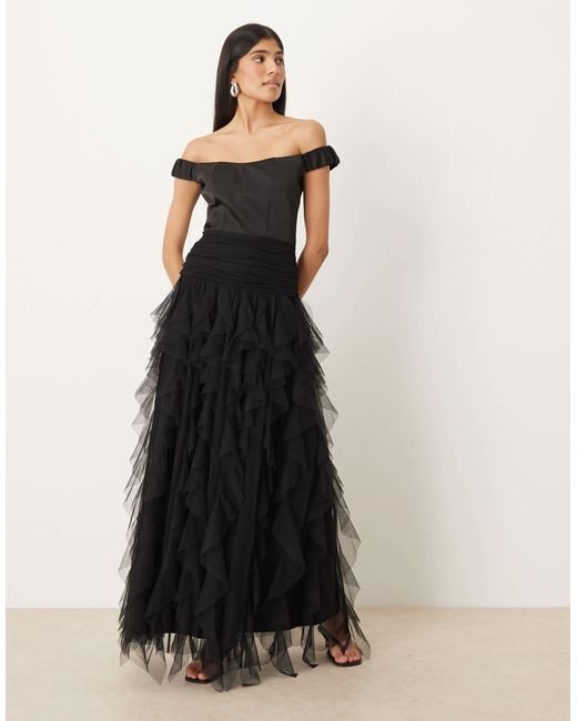 LACE & BEADS Black Bardot Drop Hem Ruffle Maxi Dress