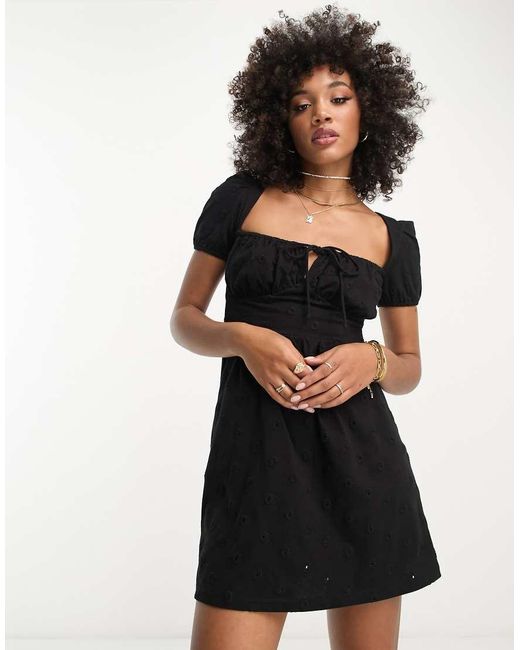 ASOS Black Broderie Short Sleeve Mini Tea Dress With Ruched Bust