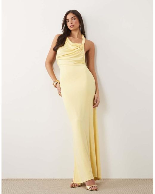 Aria Cove Natural Double Layered Slinky Asymmetric Halterneck Low Twist Back Dress Maxi Dress