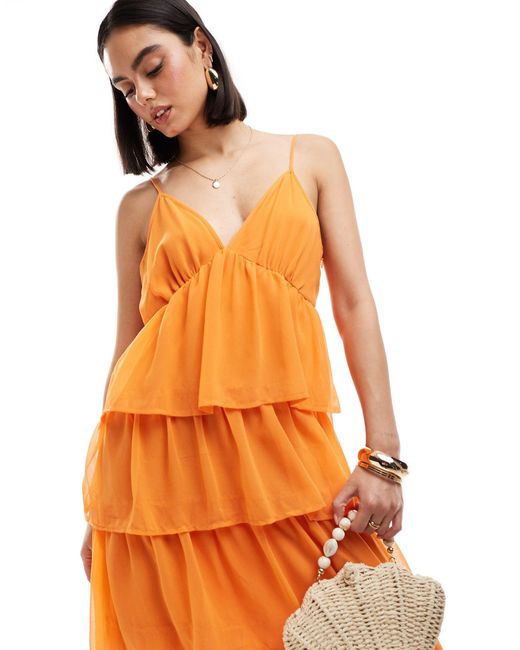 Vila Orange Tiered Frill Maxi Cami Dress