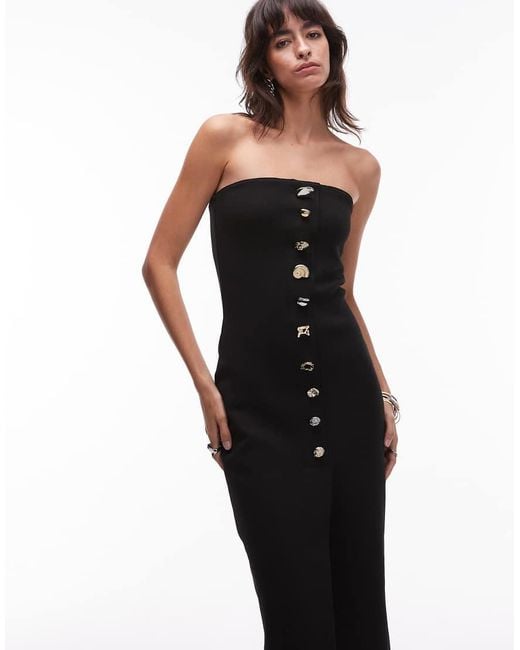 Mango Black Compact Knit Bandeau Midi Dress With Statement Buttons