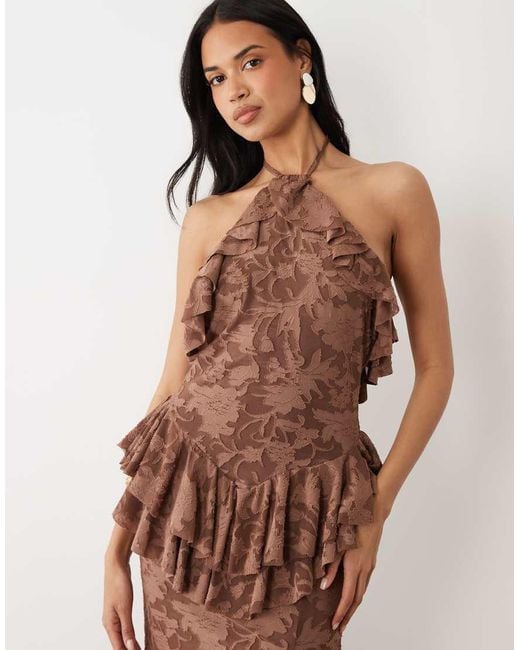 ASOS Brown Devore Halter Maxi Dress With Frill Neckline