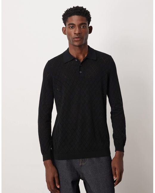 ASOS Black Pointelle Knitted Pattern Polo for men