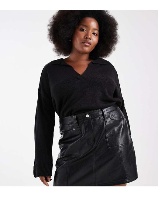 Renee Studio Black Plus Exclusive Leather Look Seam Detail Pocket Front Mini Skirt