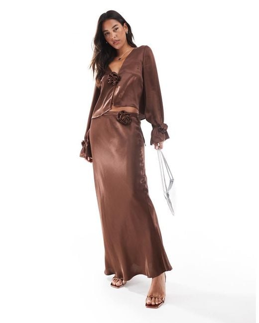 ASOS Brown Satin Corsage Detail Maxi Skirt
