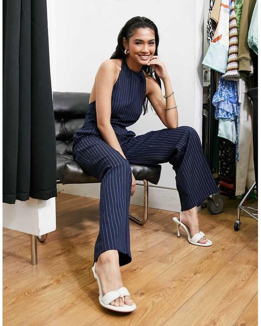 ASOS Blue 2 In 1 Halter Tailored Jumpsuit In Navy Pinstripe