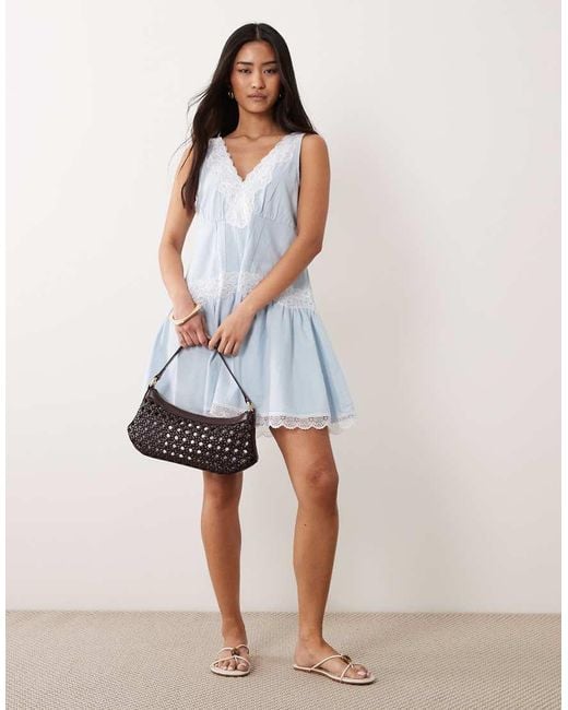 Miss Selfridge Blue Lace Mix Chambray Denim Dress