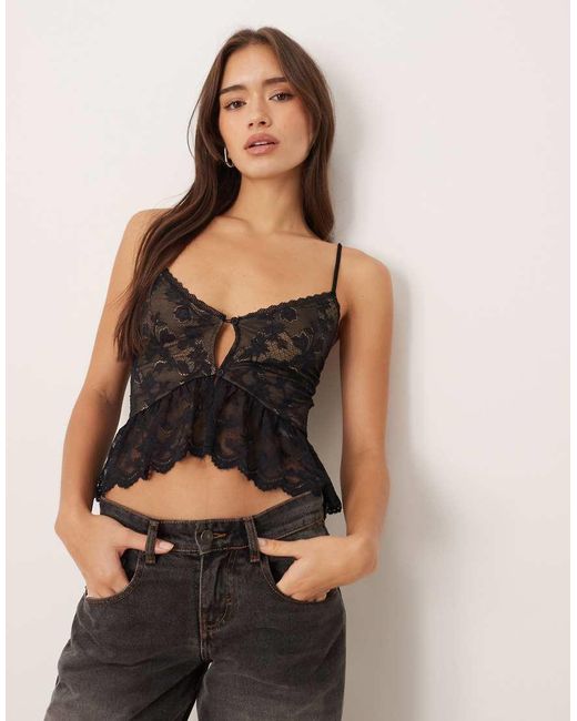 Motel Black Arin Floral Lace Singlet Top