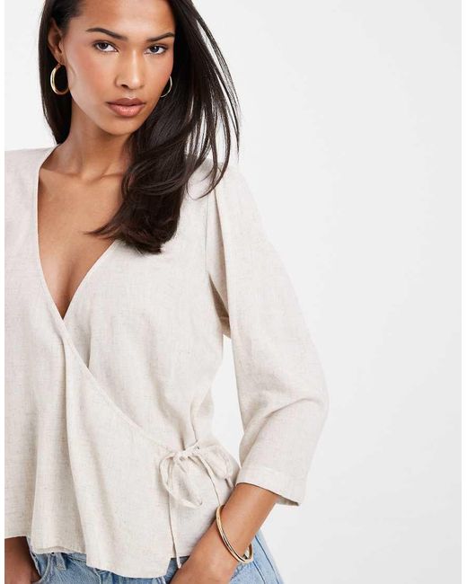 Pieces White 3/4 Sleeve Linen Blend Wrap Top