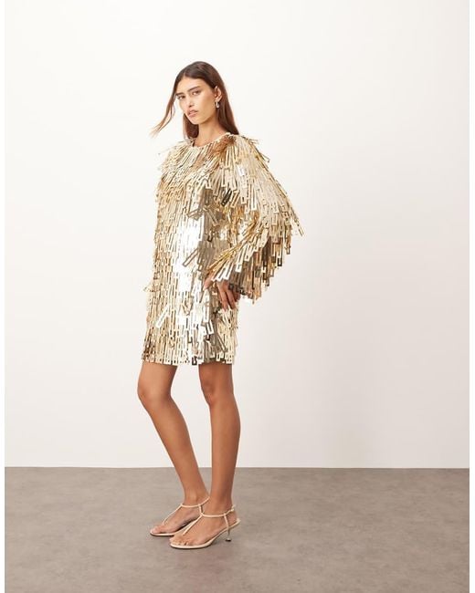 ARRANGE Natural Embellished Shard Sequin Long Sleeve Mini Dress