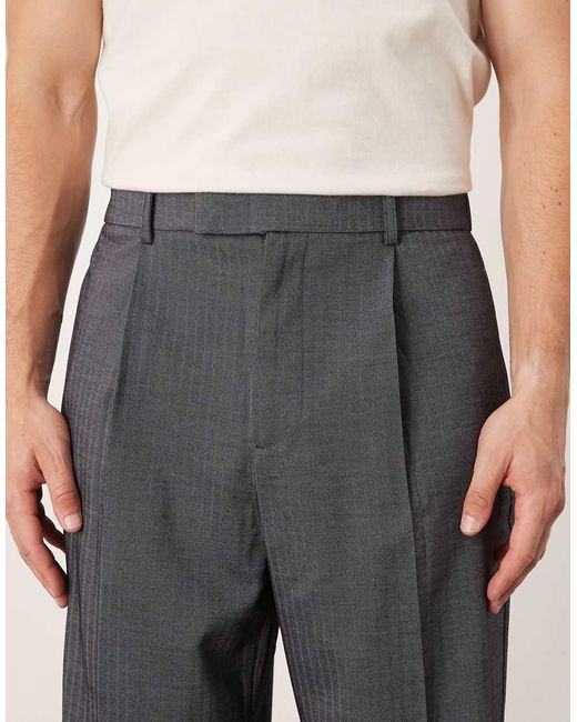 Pantalones De Vestir Grises De Pernera Ancha Con Patrón De Espiga, Pinzas Delanteras Y Cinturilla Elástica De ASOS de hombre de color Gray