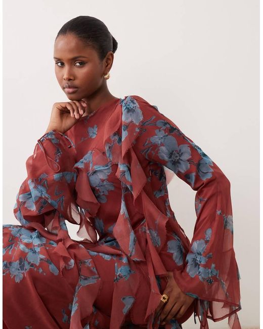 ASOS Red Draped Raw Edge Ruffle Trim Long Sleeve Maxi Dress