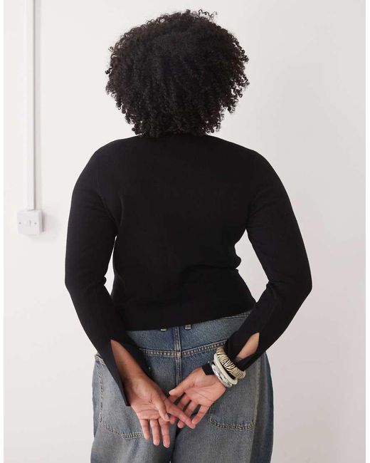 Collusion Black Plus Knitted Slash Neck Long Sleeve Top