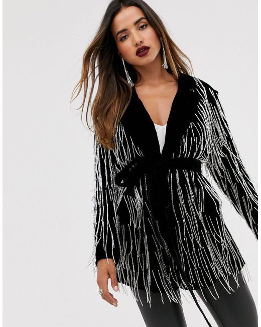 ASOS Black Velvet Beaded Fringe Blazer