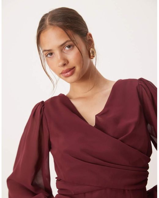ANAYA Red Faux Wrap Blouson Sleeve Maxi Dress