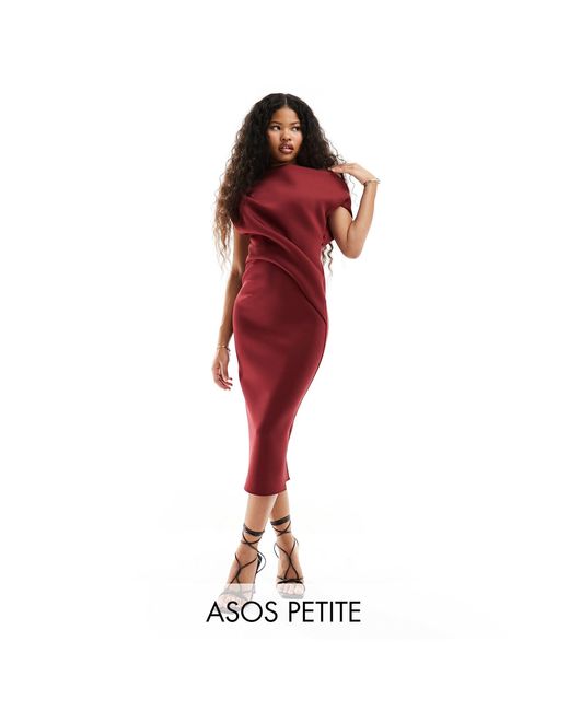 ASOS Red Asos Design Petite Off Shoulder Pleat Waist Detail Pencil Midi Dress