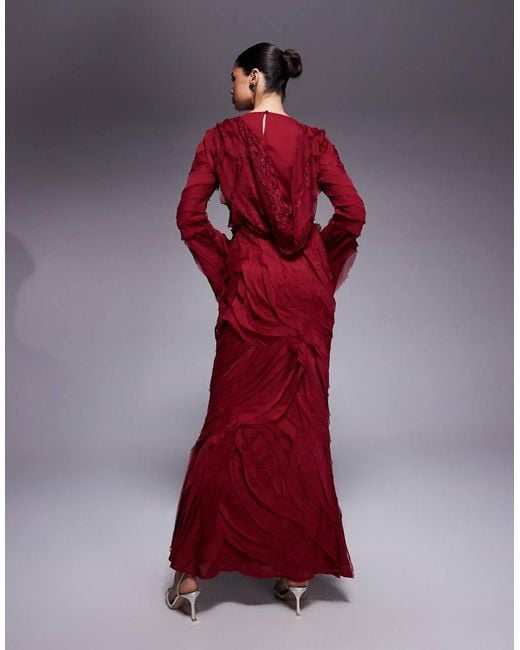ASOS Red High Neck Long Sleeve Raw Edge Ruffle Maxi Dress With Lace Inserts