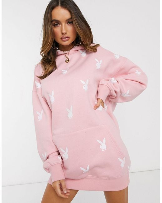 Missguided Pink Playboy X Extreme Oversized Repeat Print Hoodie Dress