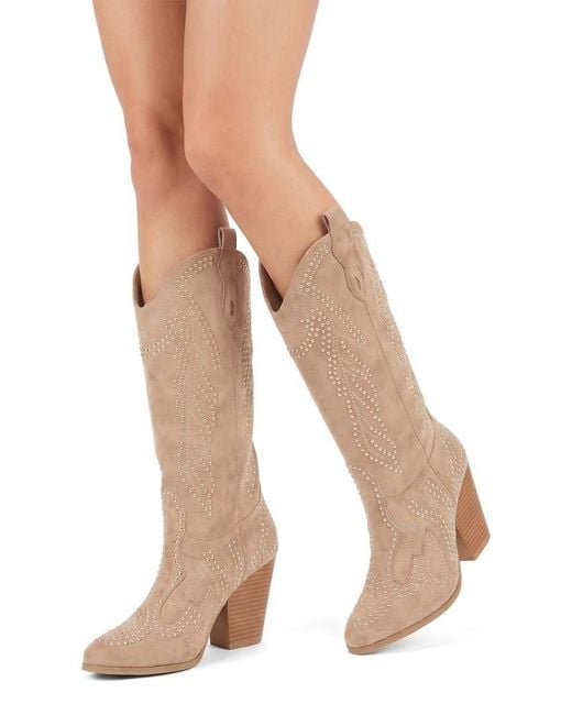 SEQWL Natural Western Cowboy Boots With Studded Detailing And Pointed Toe