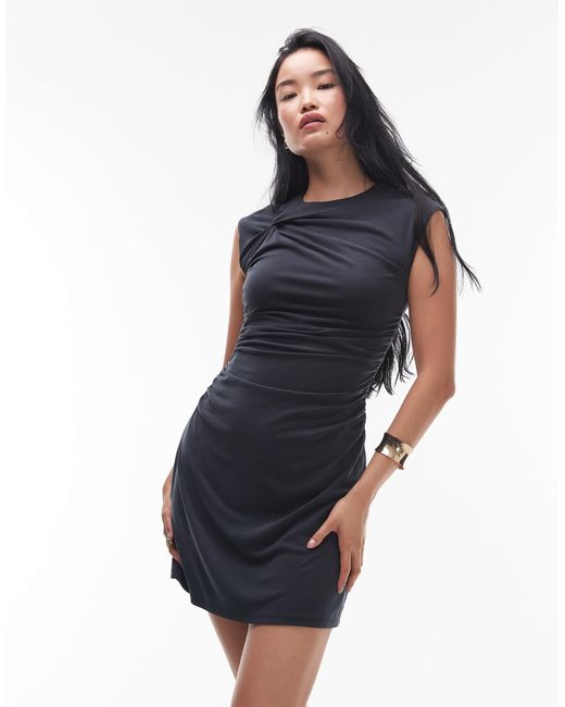 TOPSHOP White Cupro Ruched Side Cap Sleeve Mini Dress