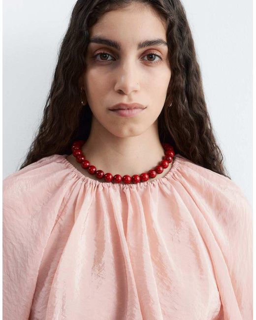 & Other Stories Red Sheer Cropped Blouse With Drawstring Sleeves And Waist